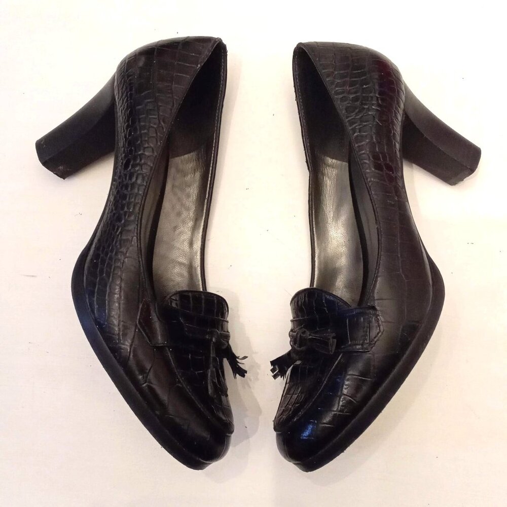 Ann Taylor Loft Black Leather Alligator Shoes 8 M High Heel Tassel Loafers Pumps
